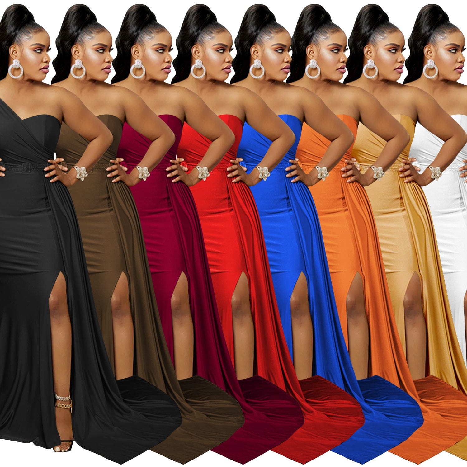 S4068F   Fashion Solid Color Party Tight One Shoulder Sleeve evening dresses women long