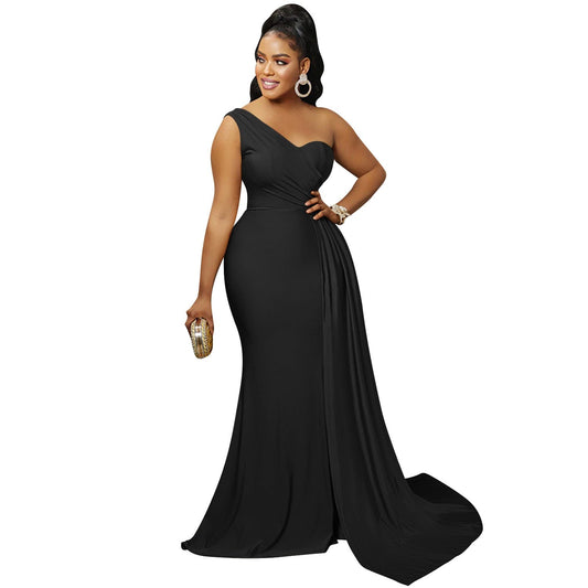 S4068F   Fashion Solid Color Party Tight One Shoulder Sleeve evening dresses women long