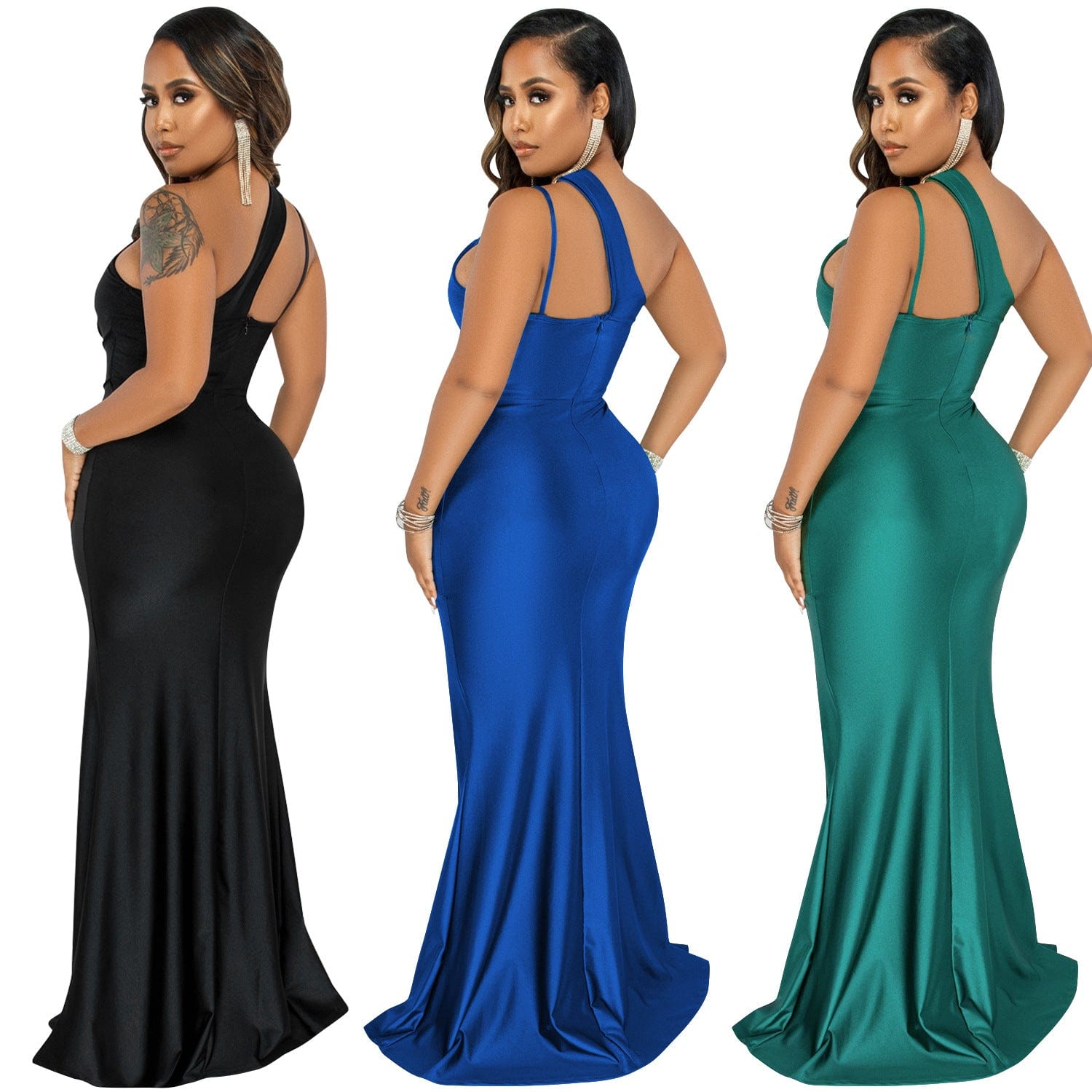 S4078F   Fashion Sexy Solid Color Diagonal Collar One Shoulder Sling Sleeveless Long Evening Dress