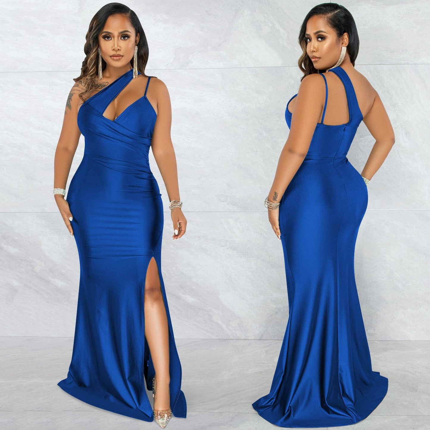 S4078F   Fashion Sexy Solid Color Diagonal Collar One Shoulder Sling Sleeveless Long Evening Dress