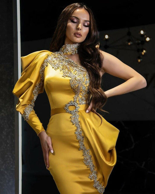S4146F    2022 new high-neck single-sleeve heavy hand-drilling speed slim fishtail tail plus size evening dresses elegant