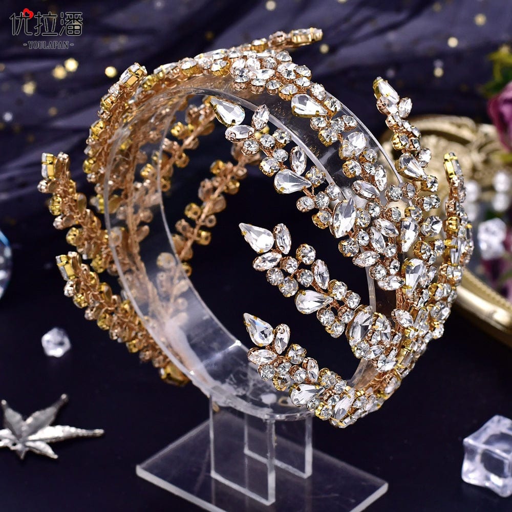 S4190F   Bridal Handmade Pearl Wide Headband Gold Leaf Rhinestone Shaped  wedding hair accessories tiaras