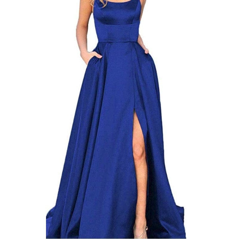 S4287F   New high quality Sexy Back Cutout Sheer Satin Trailing Swing Front Split party gowns for women evening dress