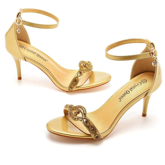 S4518F   7 cm temperament shallow mouth with thin heel crystal yellow diamond strip  wedding luxury shoes women