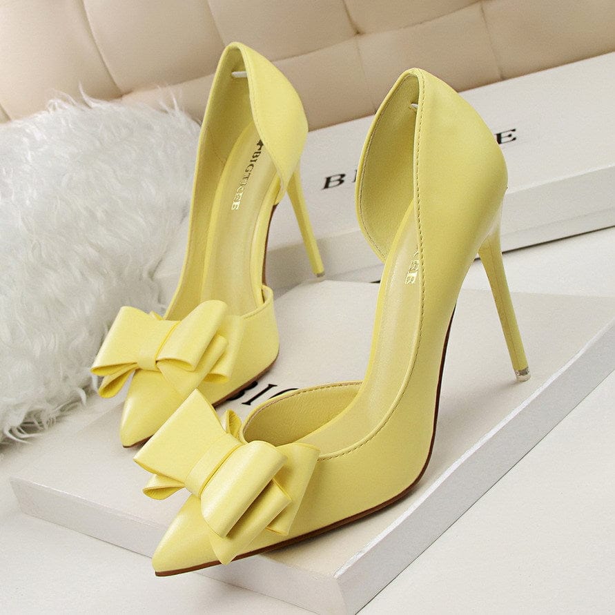 S4679F   Fashionable delicate sweet bow high-heeled stiletto shallow mouth pointed toe side hollow elegant wedding shoes
