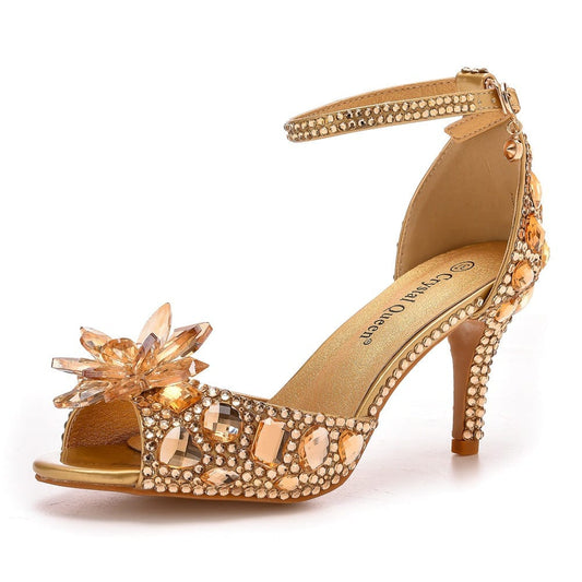S4823F  7cm Fish Mouth High Heel Shallow Mouth Buckle Large Size Round Toe Crystal Rhinestone Stiletto  bride shoes wedding