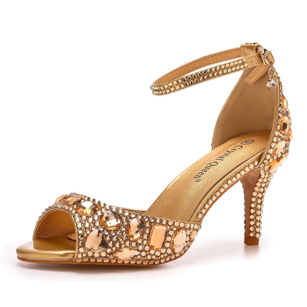 S4828F  7cm Fish Mouth High Heel Shallow Mouth Buckle Large Size Round Toe Crystal Rhinestone Stiletto  bride shoes wedding