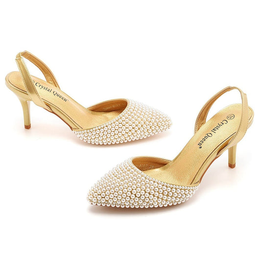 S4831F  High quality customized 7cm shallow mouth pointed toe white pearl stiletto large size wedding shoes