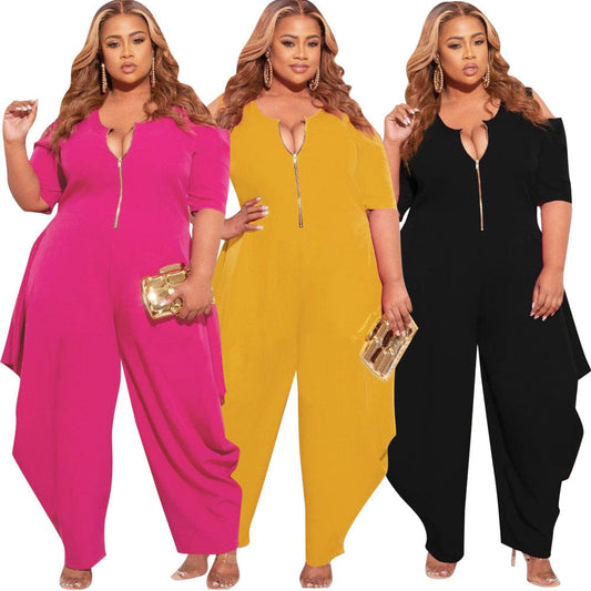 S66305 Fashion Plus Size Women's Solid Color Leaky Shoulder Sexy V-Neck Zipper Ladies Jumpsuit