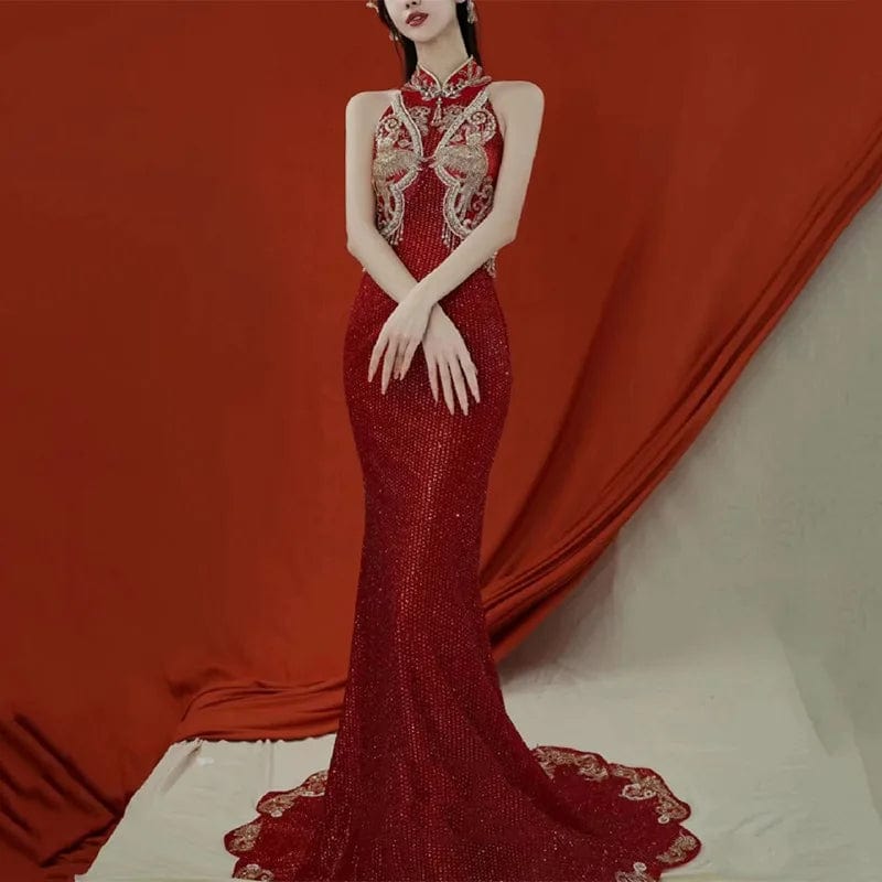 S7849F  Stroke red sequin -style starry sky embroidery super immortal retro tail dinner dress party lady evening