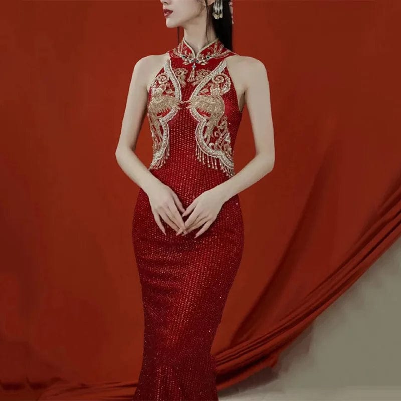 S7849F  Stroke red sequin -style starry sky embroidery super immortal retro tail dinner dress party lady evening