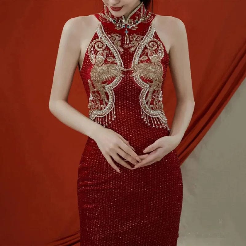 S7849F  Stroke red sequin -style starry sky embroidery super immortal retro tail dinner dress party lady evening