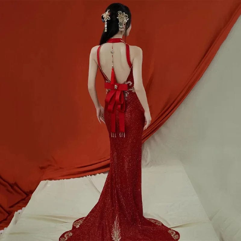 S7849F  Stroke red sequin -style starry sky embroidery super immortal retro tail dinner dress party lady evening