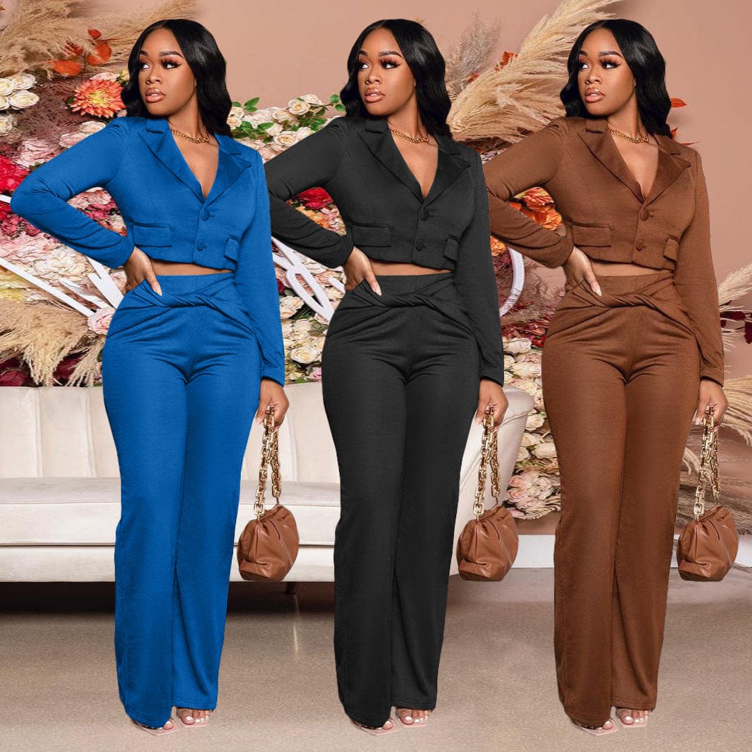 S90089 women two piece pants set Long section Solid color lapel with buttons top loose trousers street womens Fall clothing