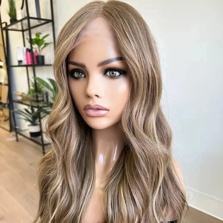 Salon 12A Quality Double Drawn Ash Brown Highlight Virgin Remy European Cuticle Aligned Hair Lace Front Wigs With Dark Root