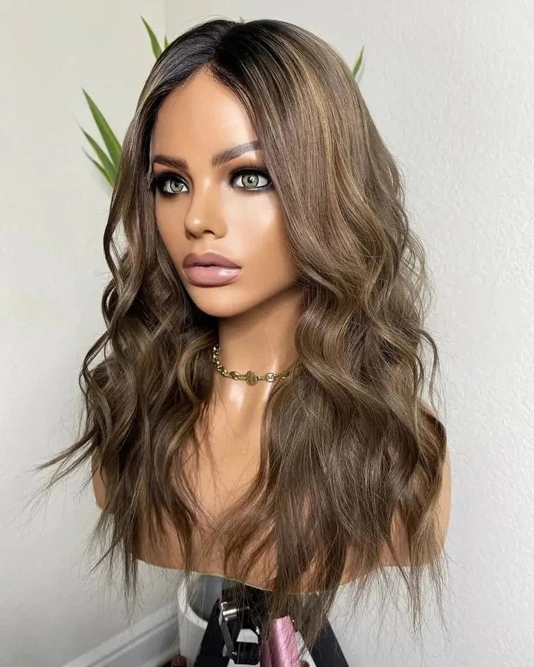 Salon 12A Quality Double Drawn Ash Brown Highlight Virgin Remy European Cuticle Aligned Hair Lace Front Wigs With Dark Root