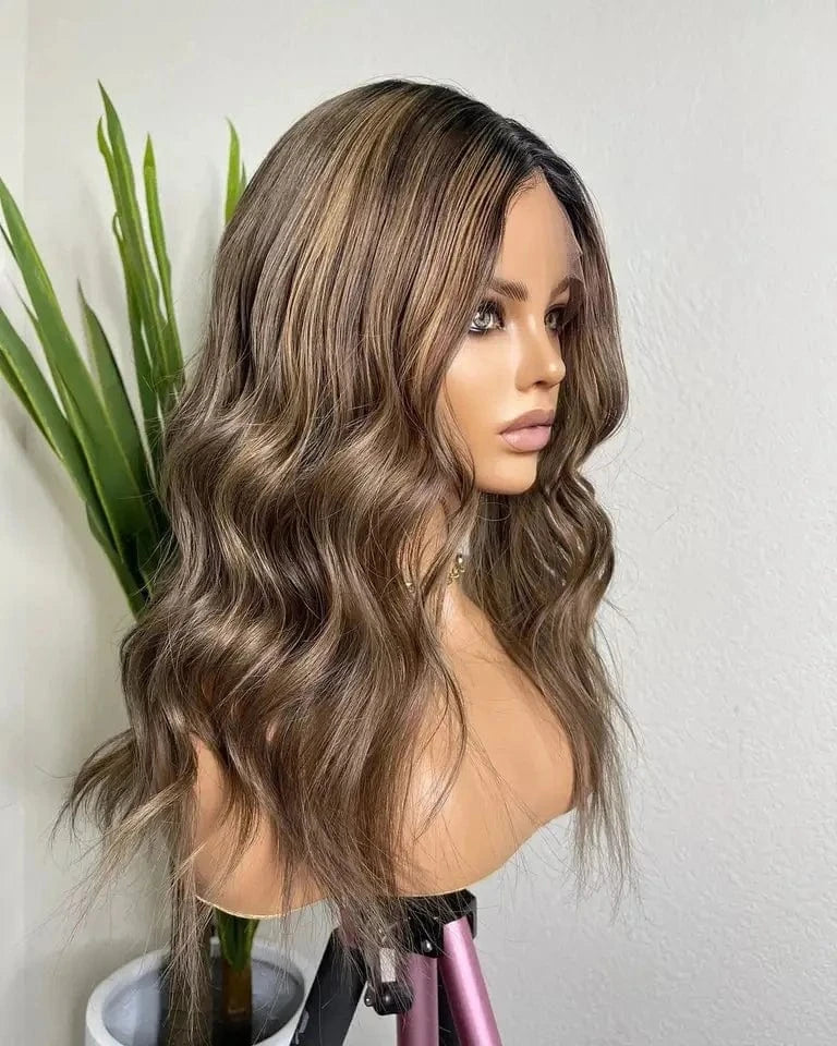 Salon 12A Quality Double Drawn Ash Brown Highlight Virgin Remy European Cuticle Aligned Hair Lace Front Wigs With Dark Root