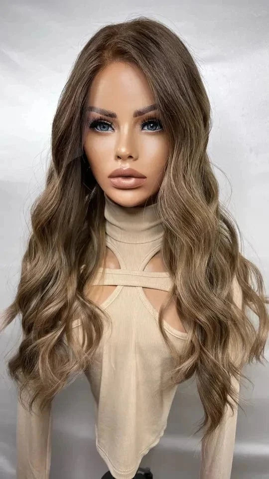 Salon 12A Quality Double Drawn Ash Brown Highlight Virgin Remy European Cuticle Aligned Hair Lace Front Wigs With Dark Root