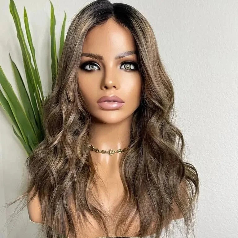 Salon 12A Quality Double Drawn Ash Brown Highlight Virgin Remy European Cuticle Aligned Hair Lace Front Wigs With Dark Root