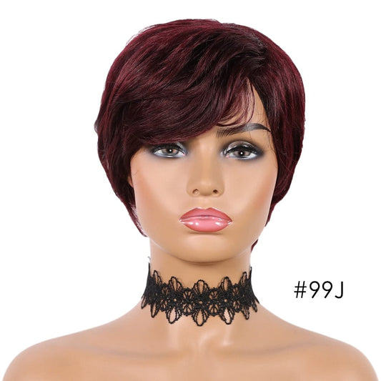 same length with picture / 99J Short Wigs For Women Human Hair Burgundy Color Full Machine Made Human Hair Wig Pixie Cut Wig