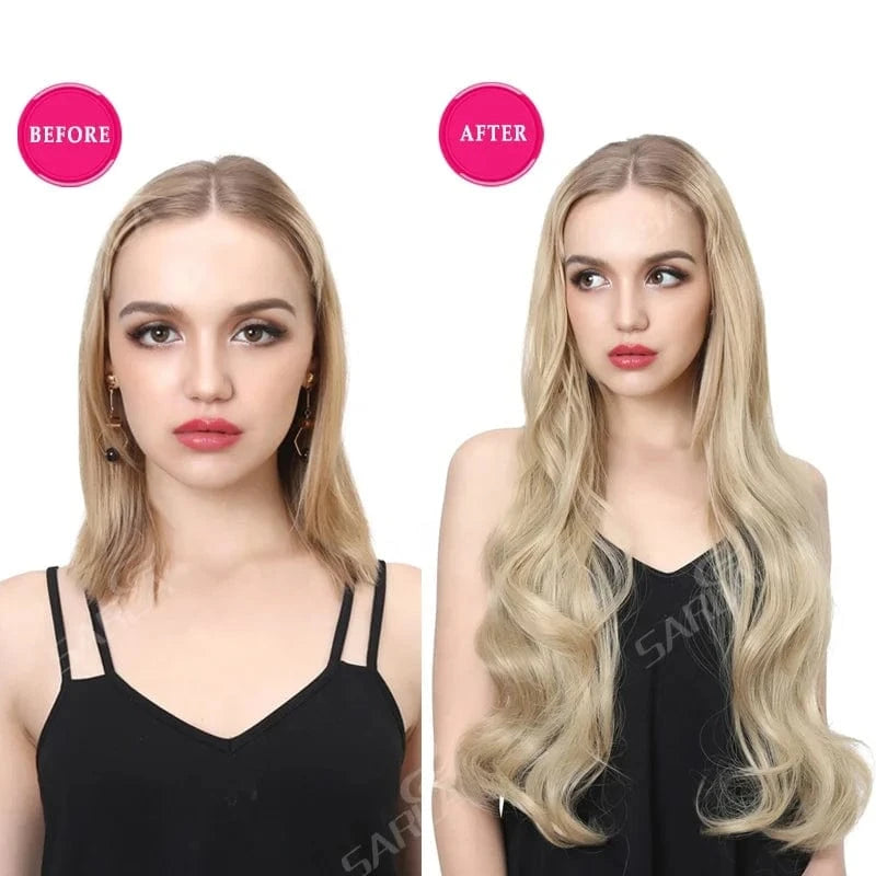 SARLA 30 Inch Long Afro Water Body Wave Natural Synthetic Invisible Clip in Hair Extension 3/4 Half Wigs U Part Wigs With Clips