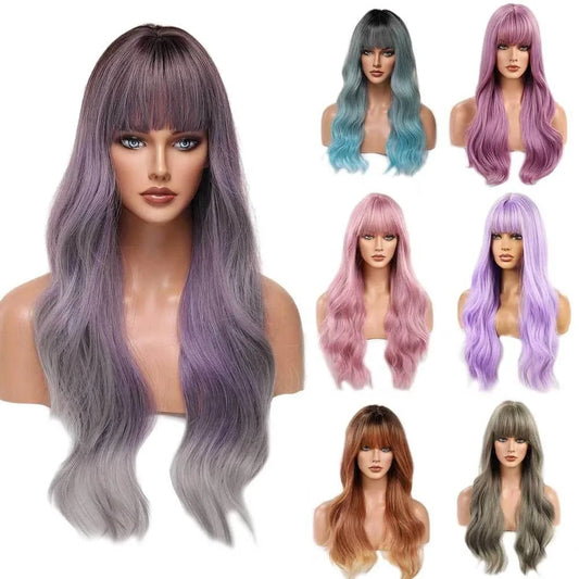 SARLA Whole Sale High Temperature Fiber Wigs Customized Color Cheap Ladies Synthetic Long Body Wave Wigs With Bangs For Women