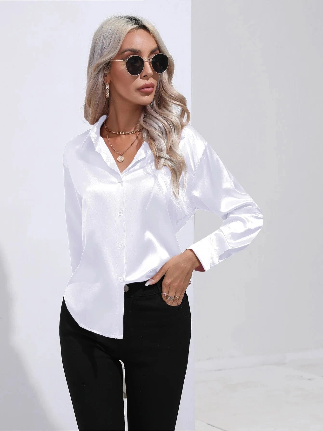 Satin shirt Women's satin silk Long sleeve shirt Spring and Summer New Solid color shirt