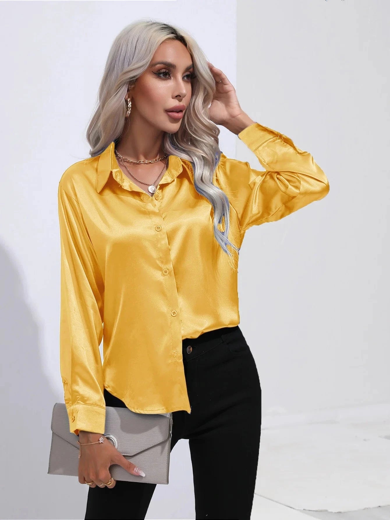 Satin shirt Women's satin silk Long sleeve shirt Spring and Summer New Solid color shirt