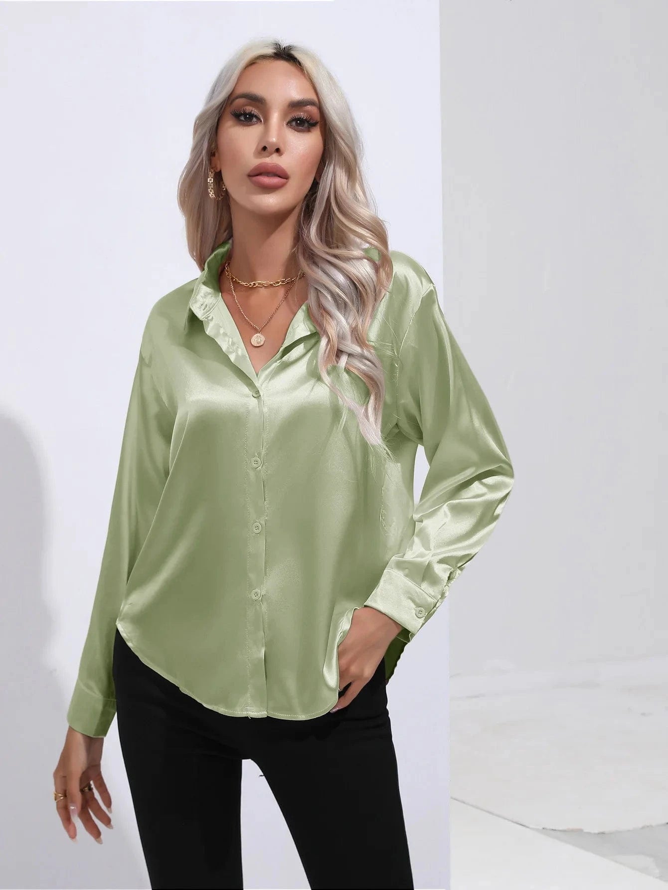 Satin shirt Women's satin silk Long sleeve shirt Spring and Summer New Solid color shirt