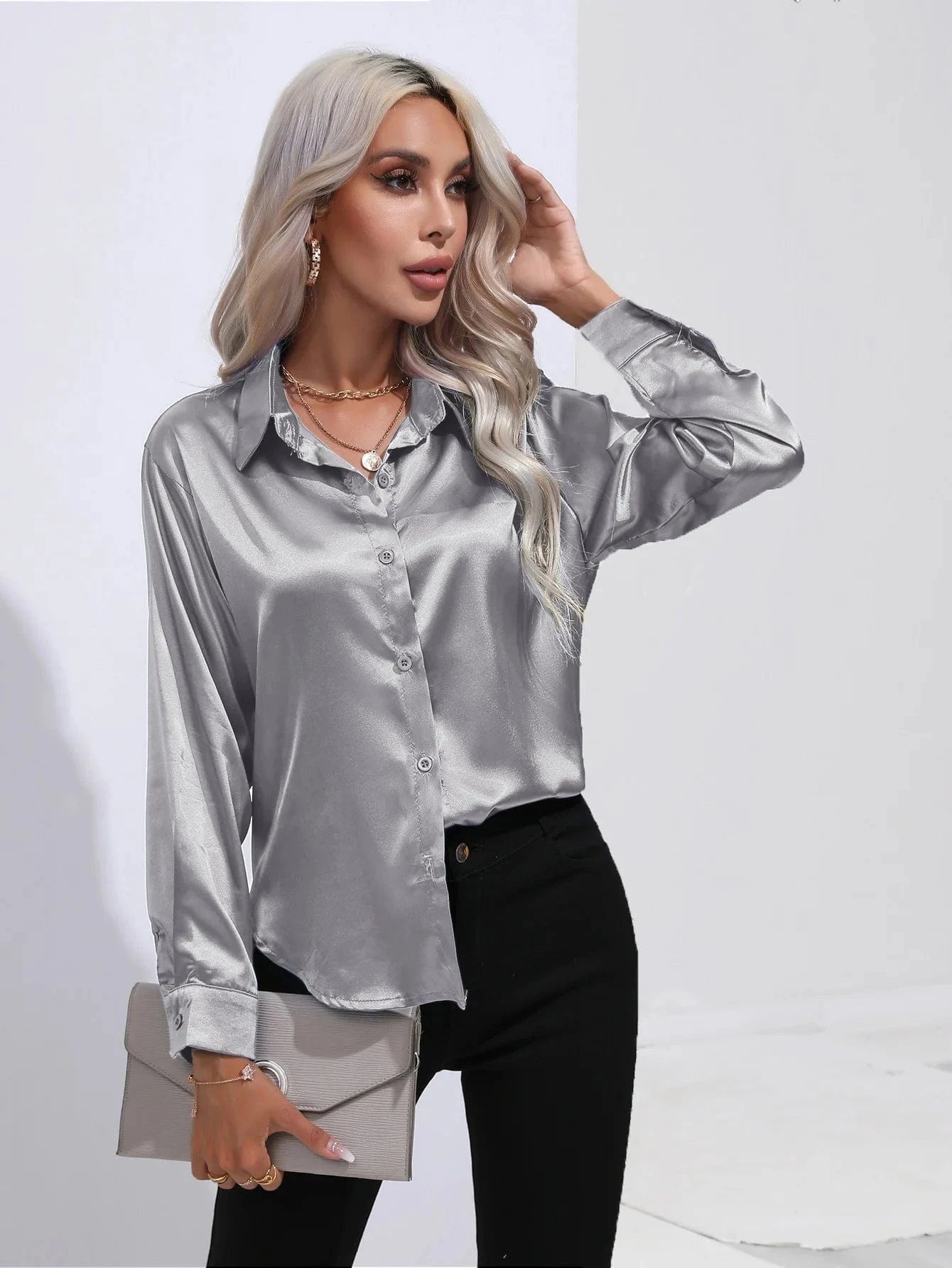 Satin shirt Women's satin silk Long sleeve shirt Spring and Summer New Solid color shirt
