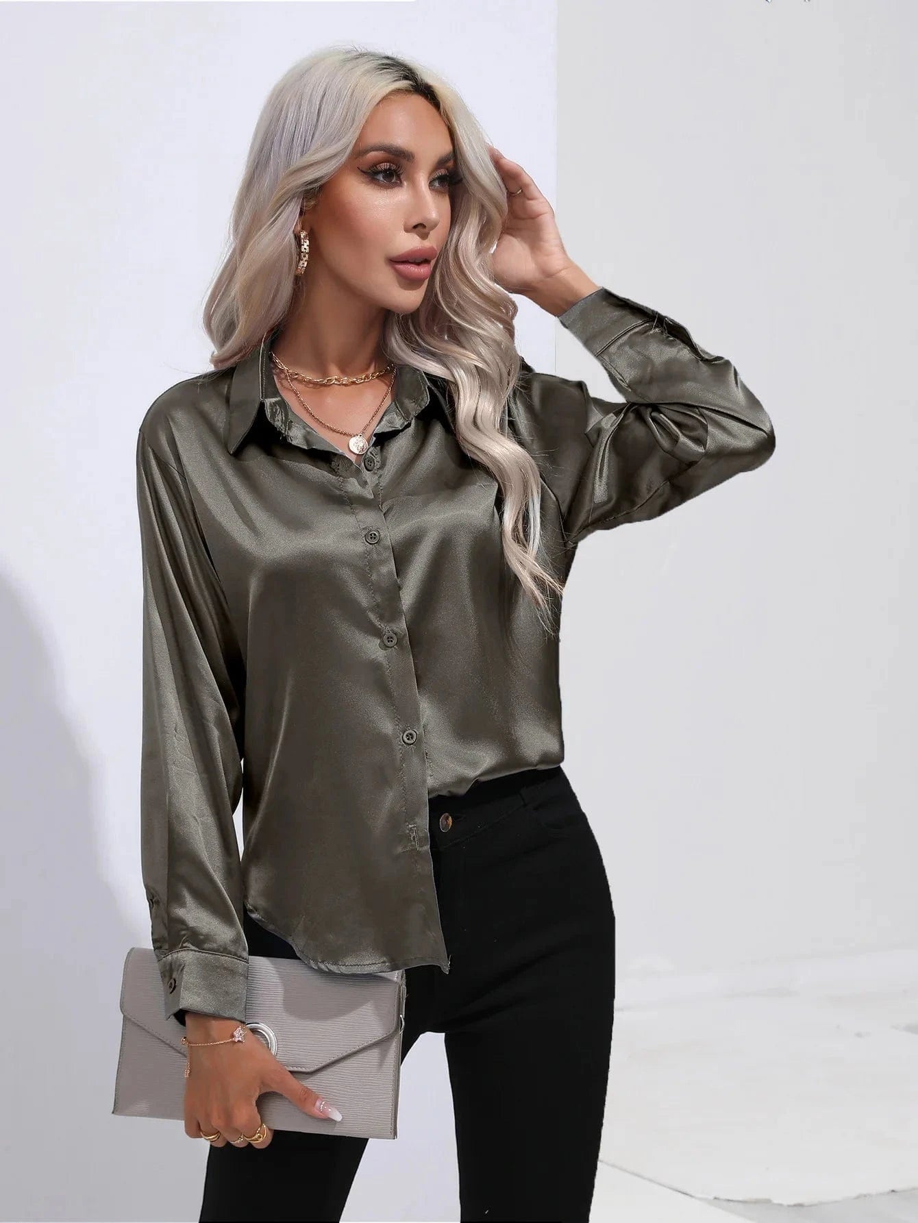Satin shirt Women's satin silk Long sleeve shirt Spring and Summer New Solid color shirt