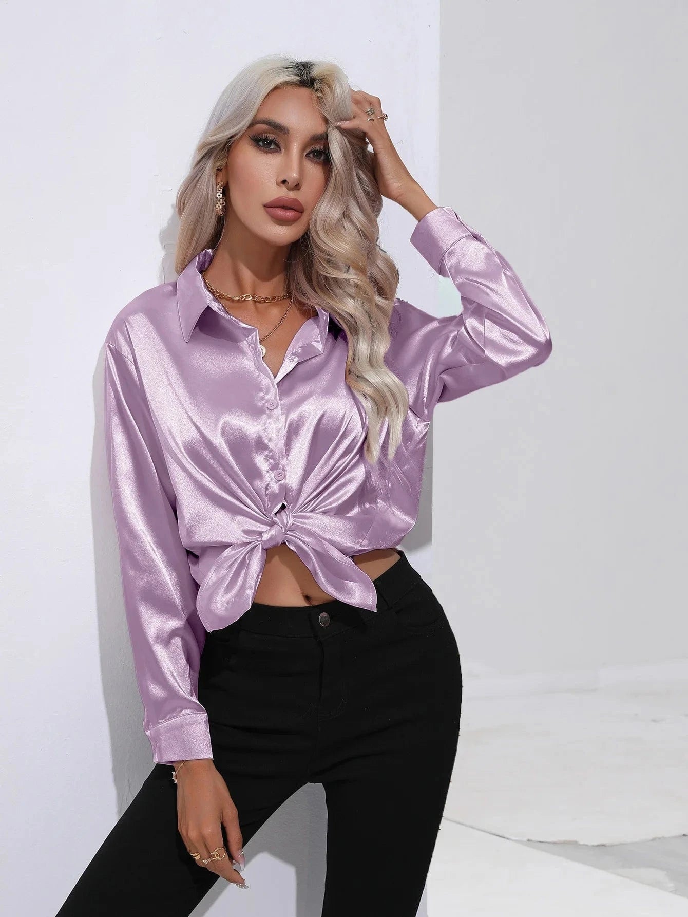 Satin shirt Women's satin silk Long sleeve shirt Spring and Summer New Solid color shirt