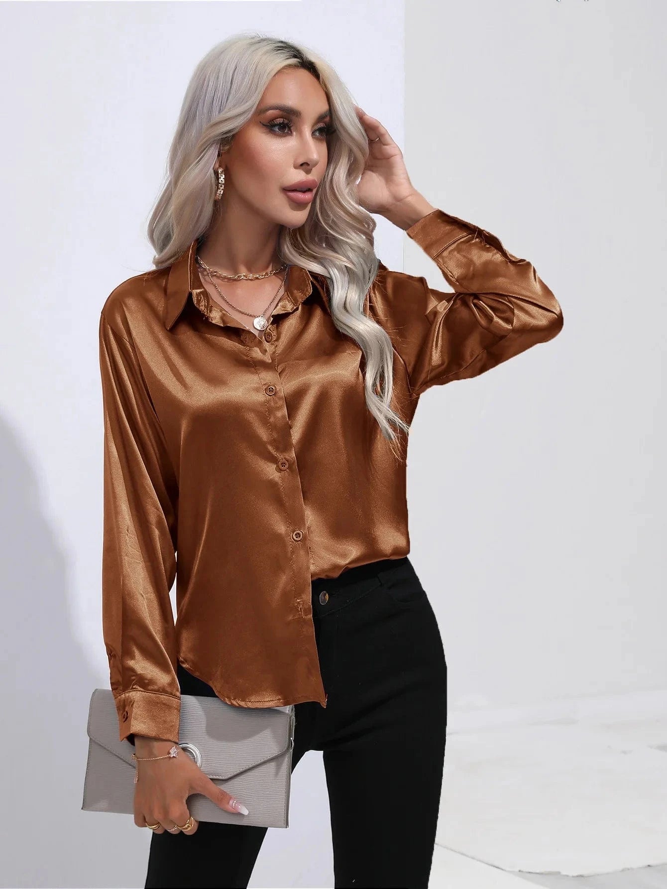 Satin shirt Women's satin silk Long sleeve shirt Spring and Summer New Solid color shirt