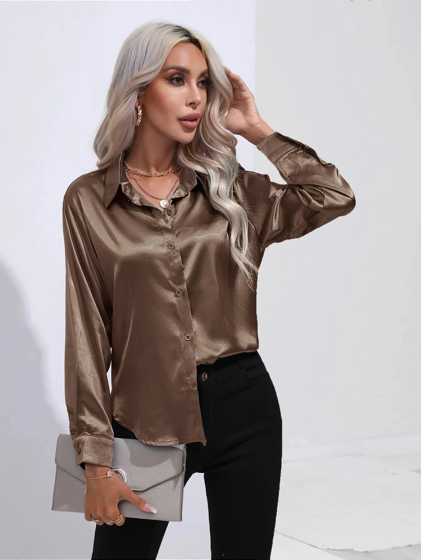 Satin shirt Women's satin silk Long sleeve shirt Spring and Summer New Solid color shirt