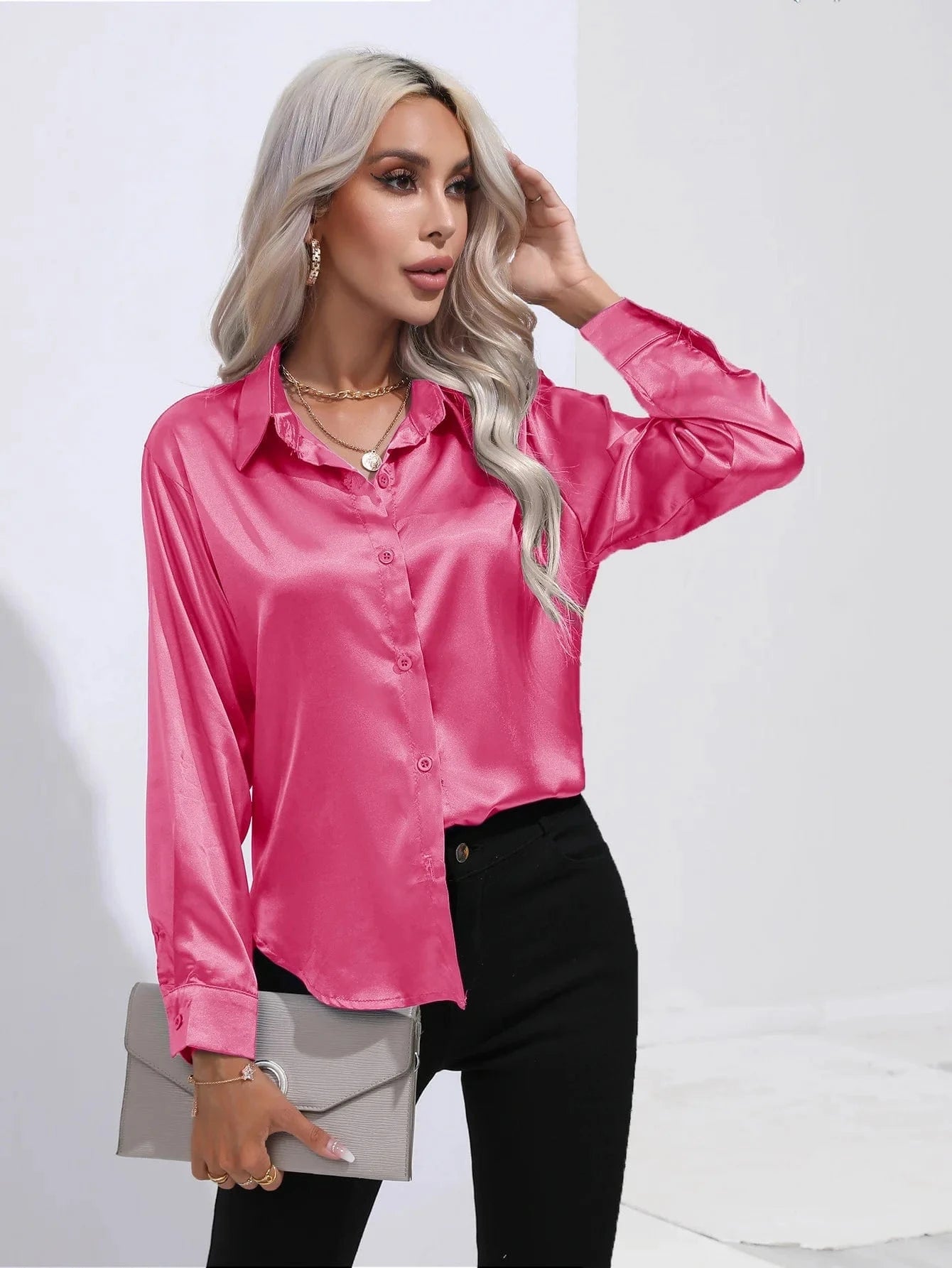 Satin shirt Women's satin silk Long sleeve shirt Spring and Summer New Solid color shirt