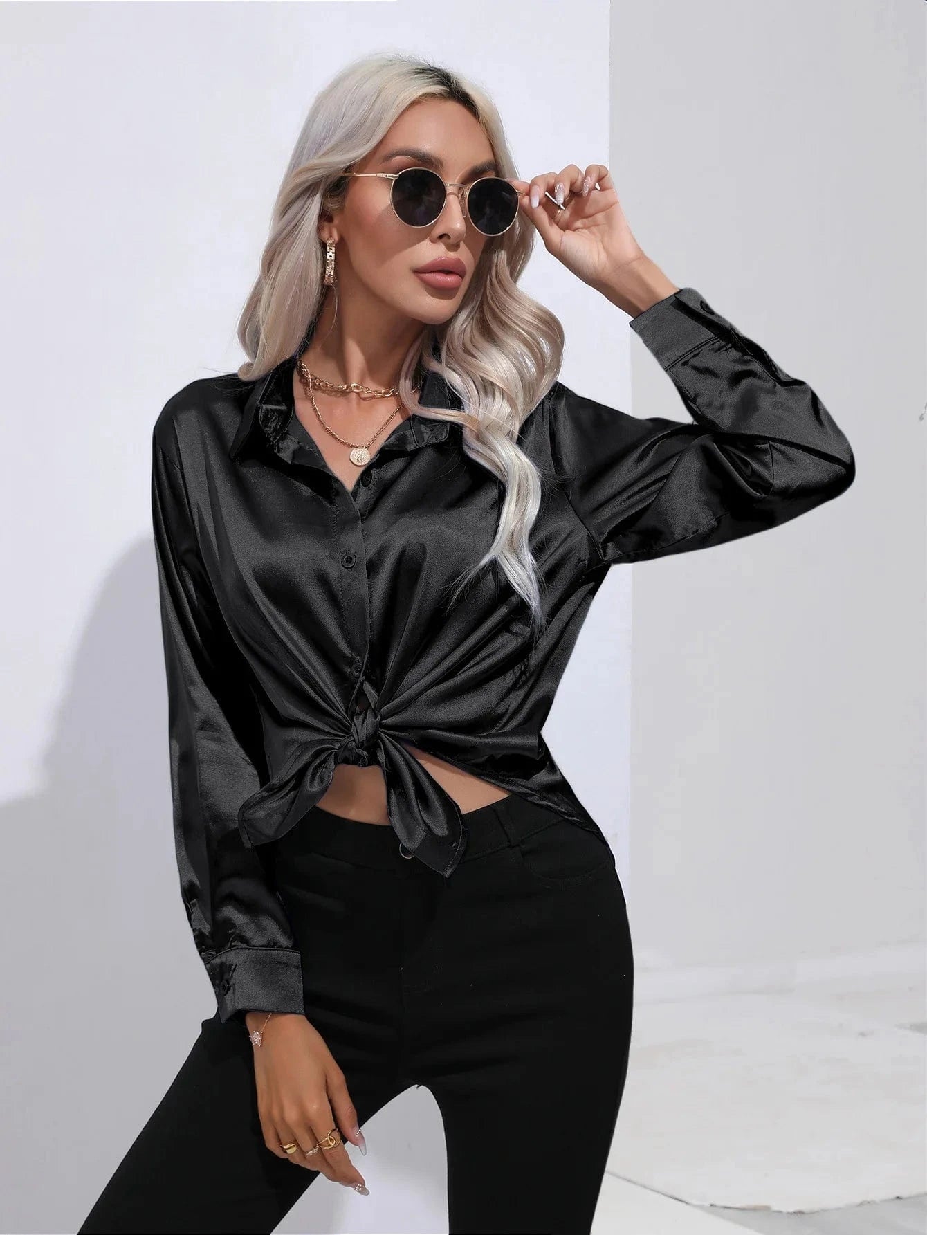 Satin shirt Women's satin silk Long sleeve shirt Spring and Summer New Solid color shirt