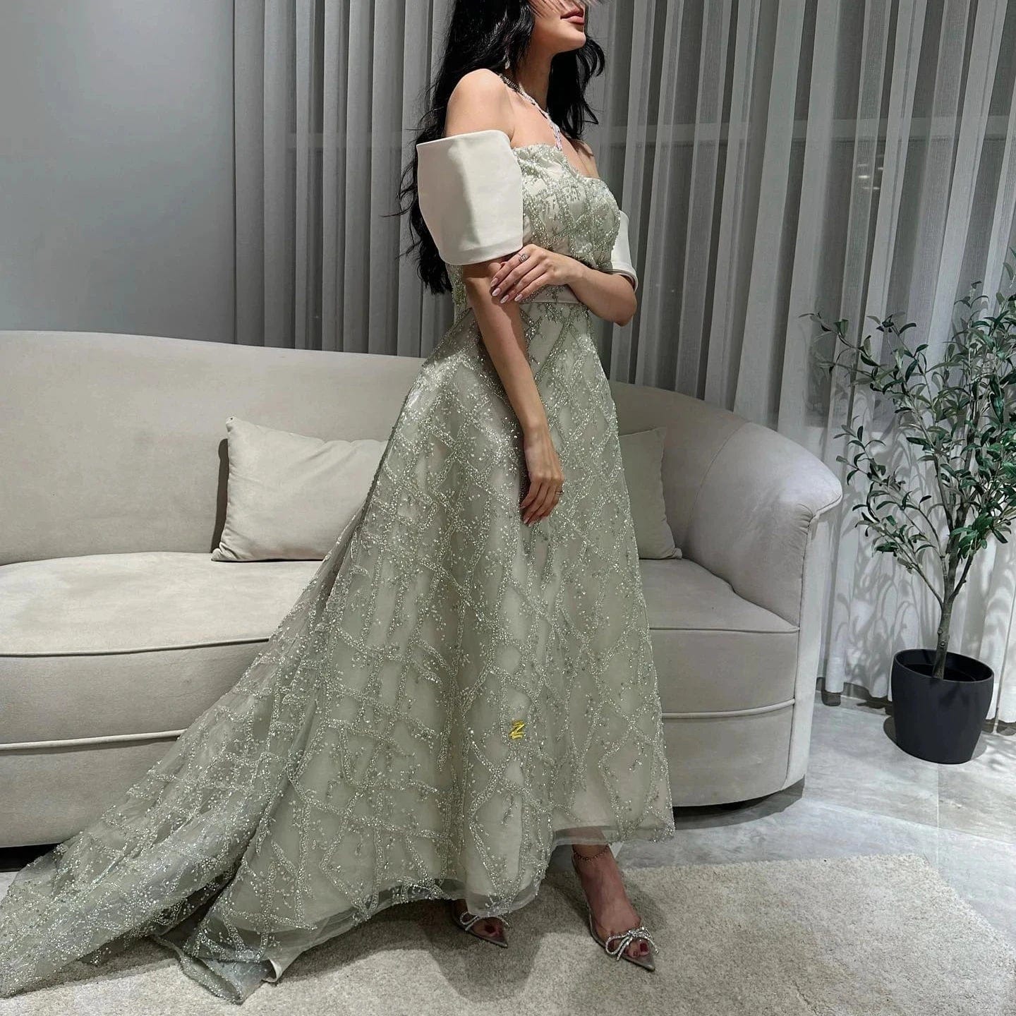 Saudi Arabia A-Line Sage Green Evening Dresses For Women Wedding Elegant Dubai Beaded Midi Formal Party Gownns Sz427