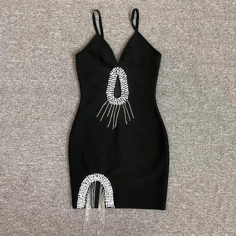 SB2630 Spaghetti Strap V Neck Bodycon Dress Women High End New Hollow Out Mini Dresses Luxury Pearl Crystal