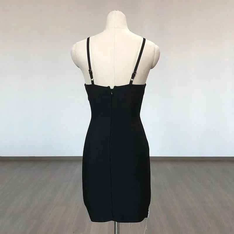 SB2630 Spaghetti Strap V Neck Bodycon Dress Women High End New Hollow Out Mini Dresses Luxury Pearl Crystal