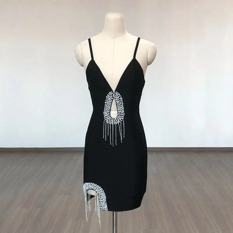 SB2630 Spaghetti Strap V Neck Bodycon Dress Women High End New Hollow Out Mini Dresses Luxury Pearl Crystal