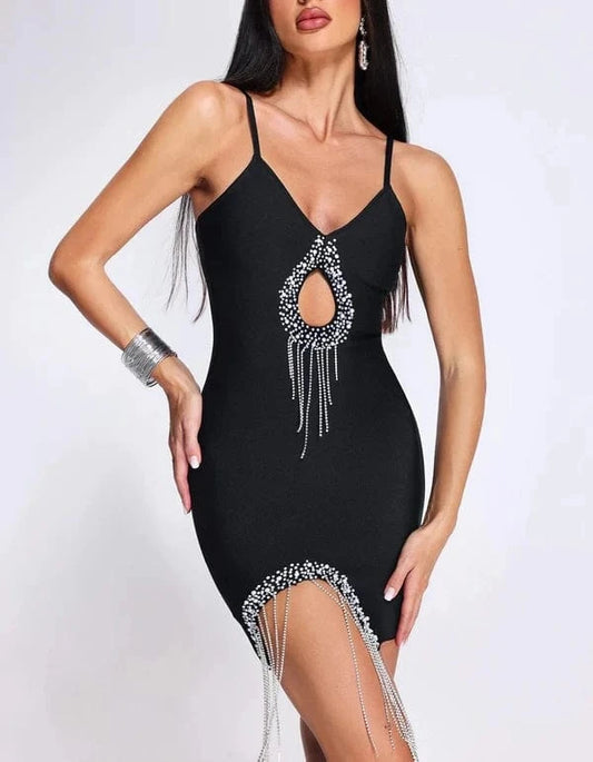 SB2630 Spaghetti Strap V Neck Bodycon Dress Women High End New Hollow Out Mini Dresses Luxury Pearl Crystal