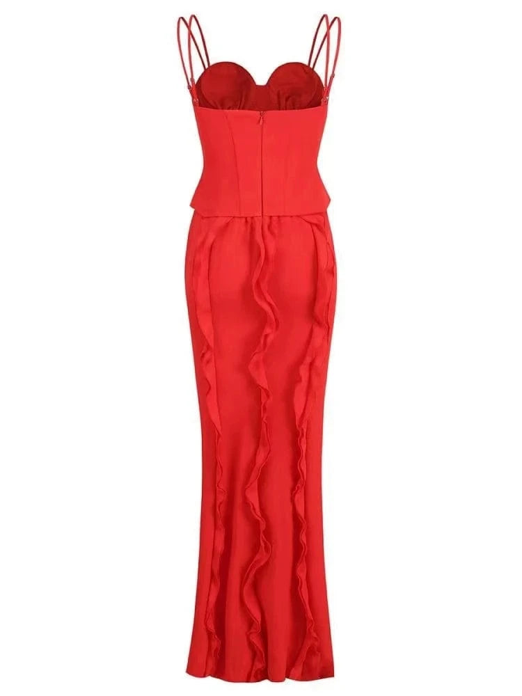 SB2675 Red Dresses Women Party Sexy Corset Maxi Dress Elegant High Slit Spaghetti Strap Ruffle Fashion Dress