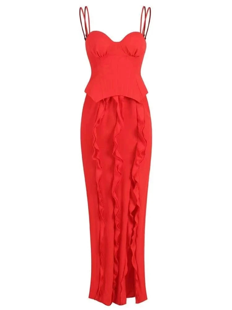 SB2675 Red Dresses Women Party Sexy Corset Maxi Dress Elegant High Slit Spaghetti Strap Ruffle Fashion Dress
