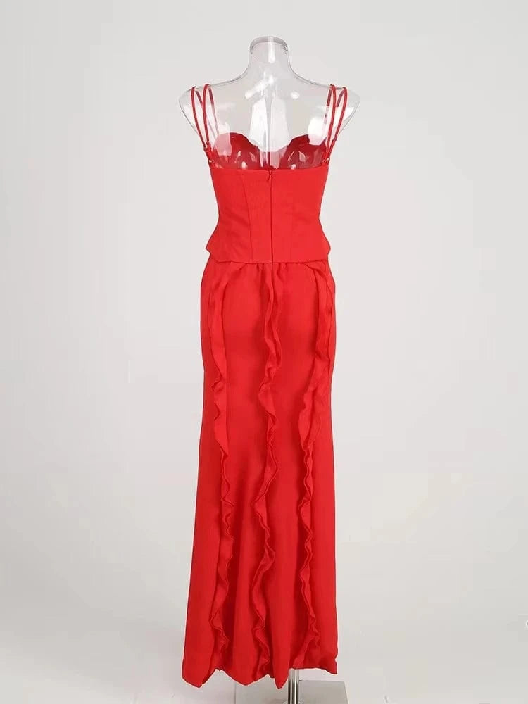SB2675 Red Dresses Women Party Sexy Corset Maxi Dress Elegant High Slit Spaghetti Strap Ruffle Fashion Dress