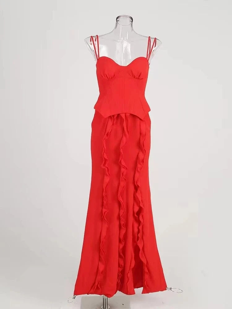 SB2675 Red Dresses Women Party Sexy Corset Maxi Dress Elegant High Slit Spaghetti Strap Ruffle Fashion Dress
