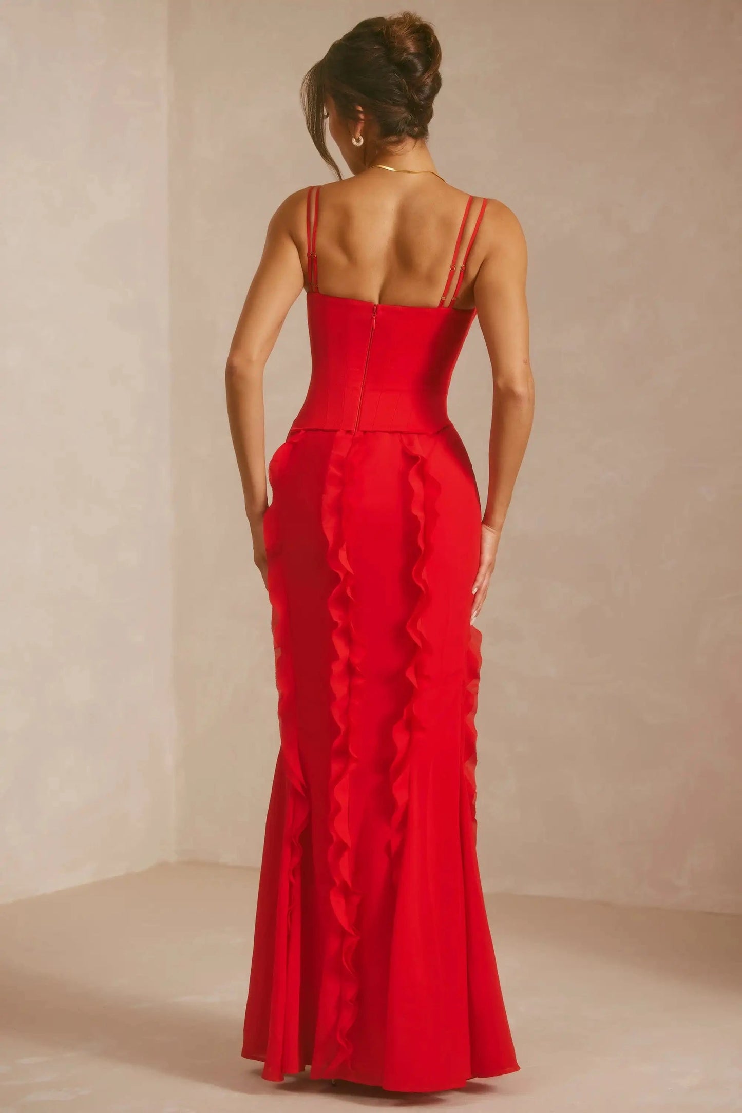 SB2675 Red Dresses Women Party Sexy Corset Maxi Dress Elegant High Slit Spaghetti Strap Ruffle Fashion Dress