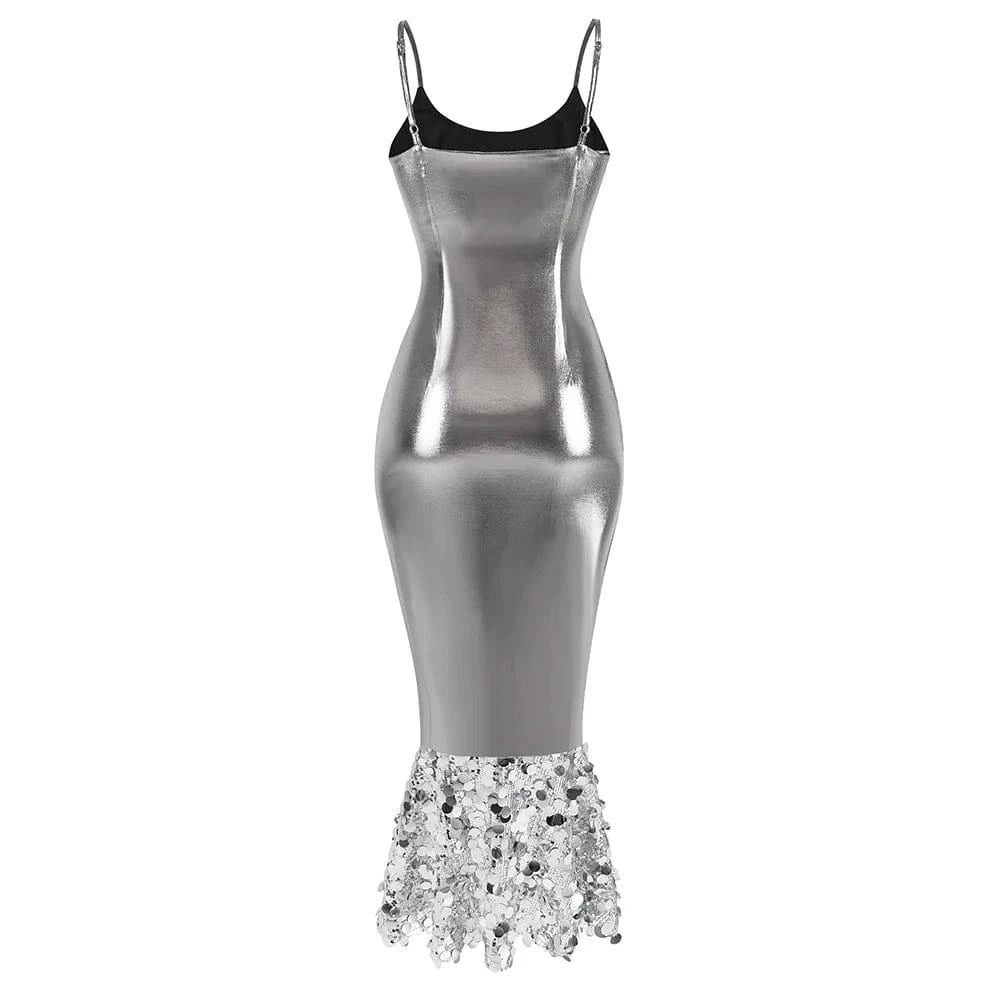 SB2684 Pu Leather Outfits For Women Spaghetti Strap Bodycon Party Wear Sexy Sequin Maxi Dress Elegant