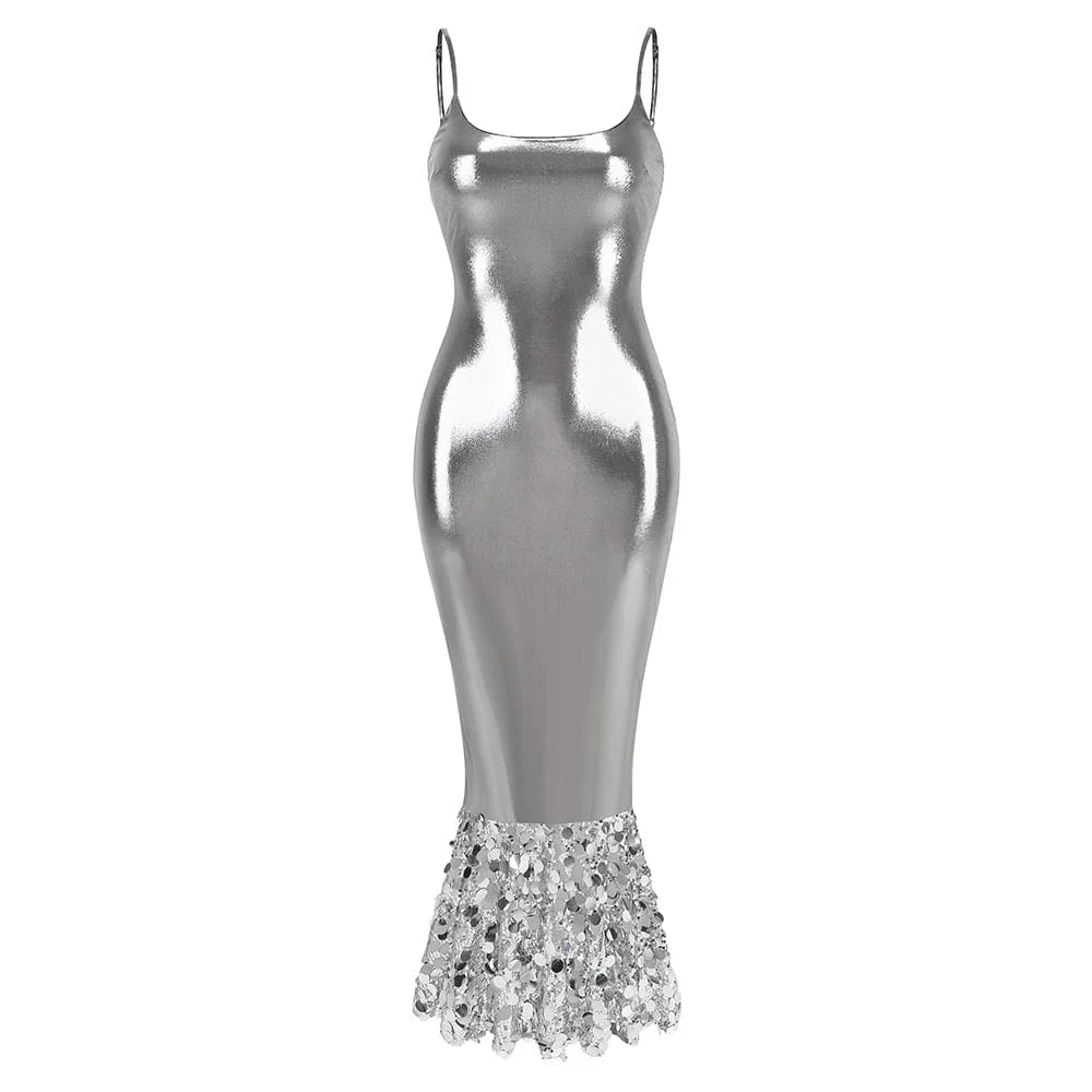 SB2684 Pu Leather Outfits For Women Spaghetti Strap Bodycon Party Wear Sexy Sequin Maxi Dress Elegant