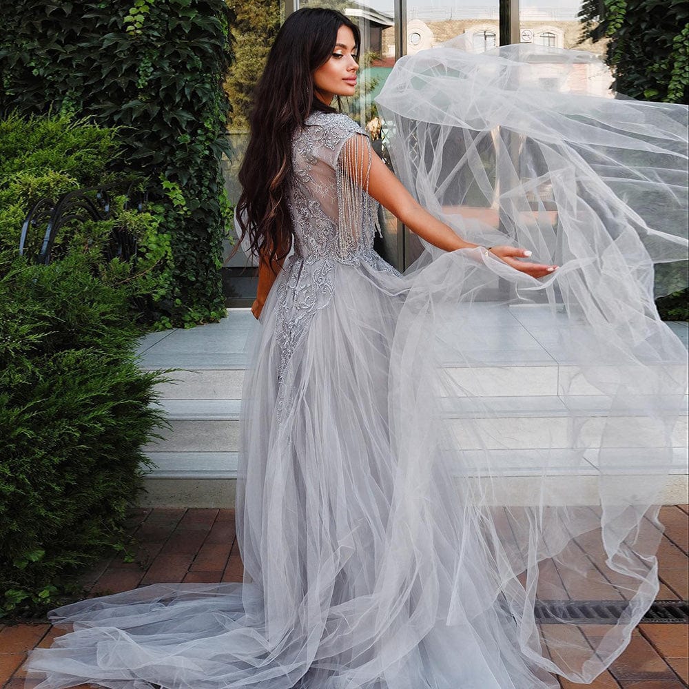 Scz015 Luxury Silver Gray Overskirt Evening Dress For Women Wedding Party Tassel Elegant Arabic Long Plus Size Formal Prom Gowns