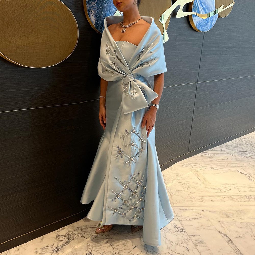 Scz016 Luxury Dubai Blue Mermaid Arabic Evening Dresses With Cape Shawl Beaded Elegant Women Wedding Guest Party Gown